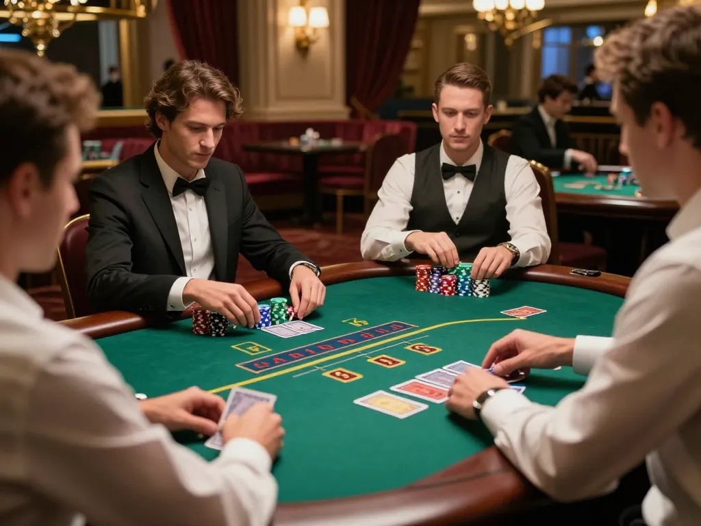 Go8 players engaging in intense blackjack strategy at a luxury casino table.