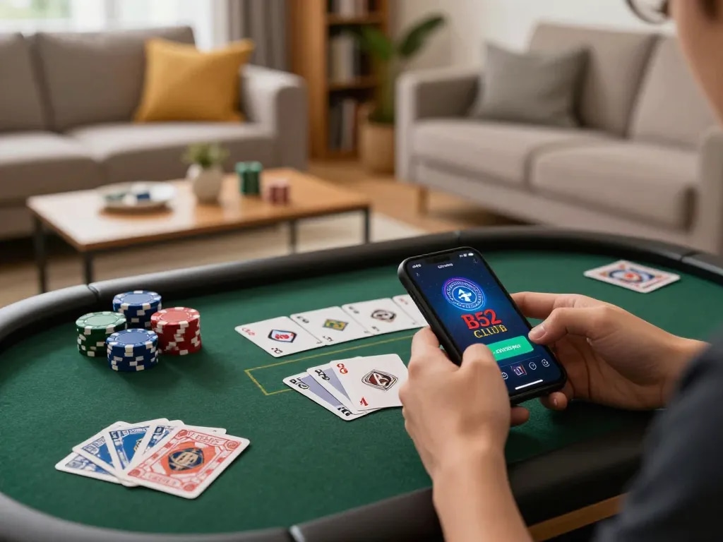 B52 club mobile gaming experience with user interacting on smartphone, poker chips spread out.