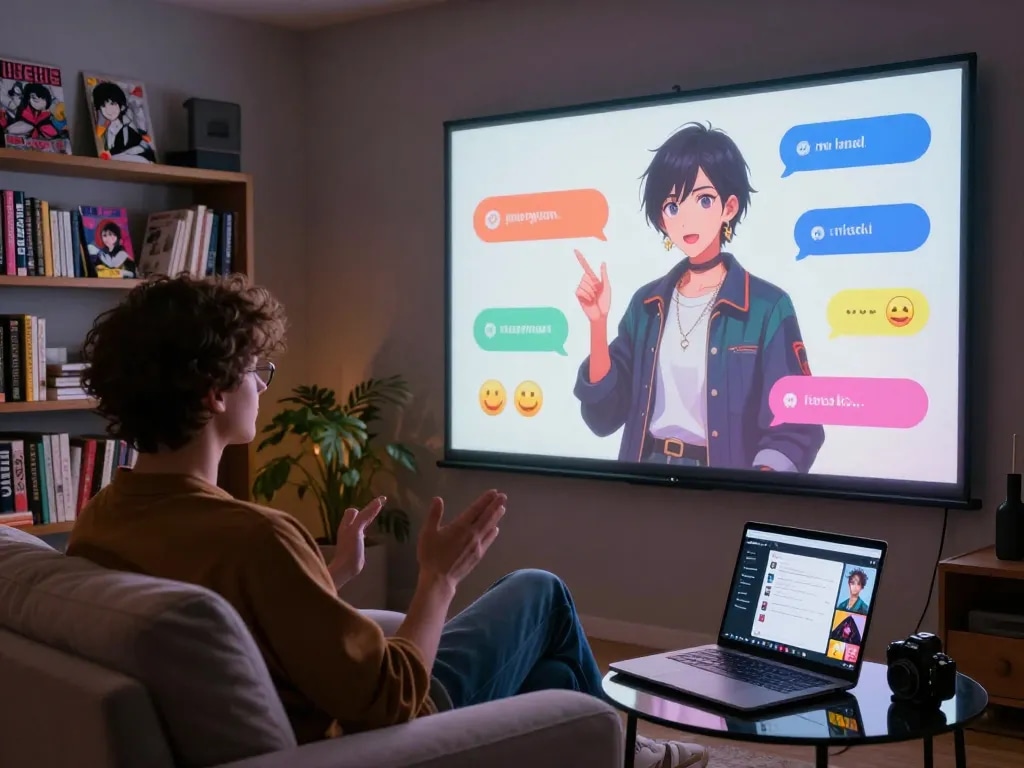 Engaging hentai ai chat depicted with a user interacting with a vibrant AI character in a cozy room setting.