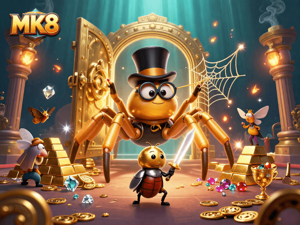 Engage with MK8's thrilling casino world through this dynamic scene showcasing unique 3D characters and dazzling treasures.