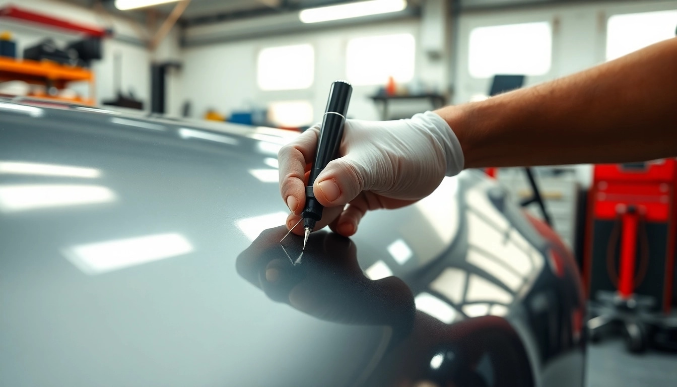 Spot Repair München: Techniker bei der Lackreparatur eines Autos in einer Werkstatt mit Werkzeugen.