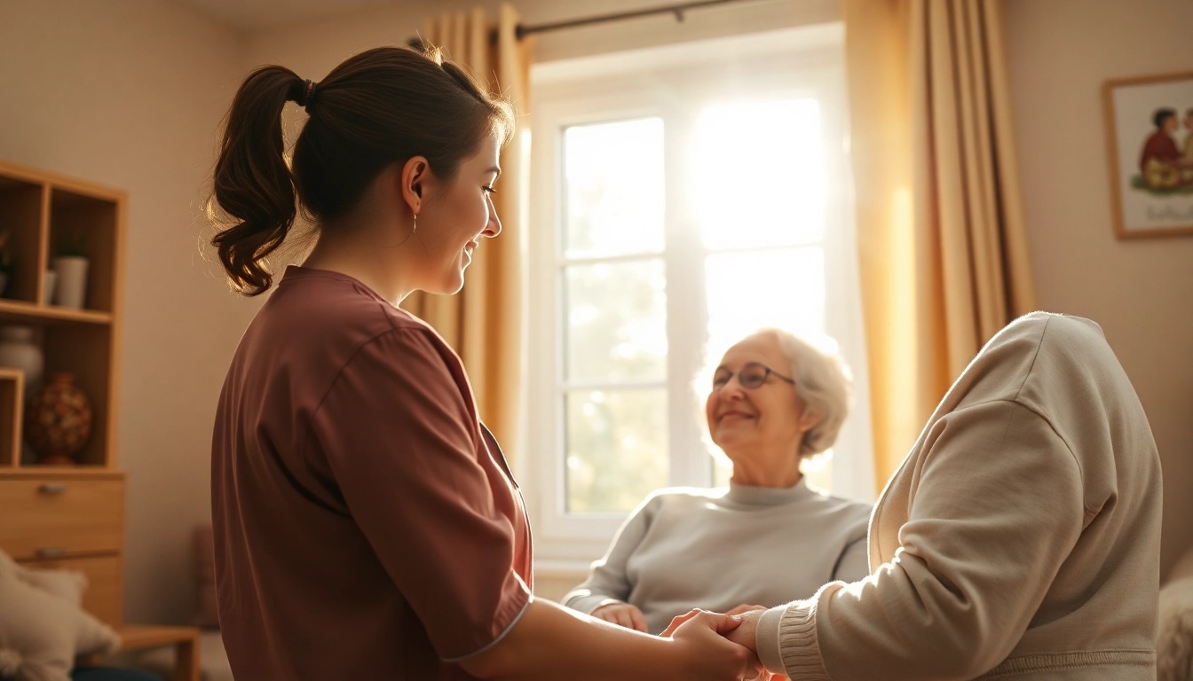 Pflegedienst unterstützt einen älteren Patienten im gemütlichen Zuhause mit eigenverantwortlicher Pflege.