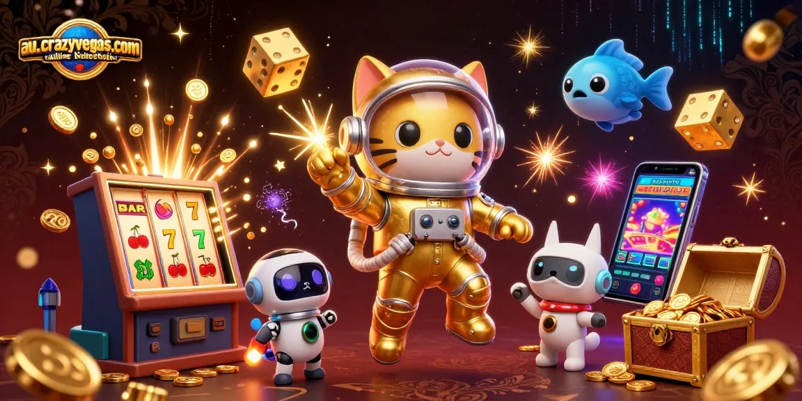 Engage with au.crazyvegas.com online blackjack through a dynamic 3D scene of a space astronaut cat, showcasing vibrant gaming elements.