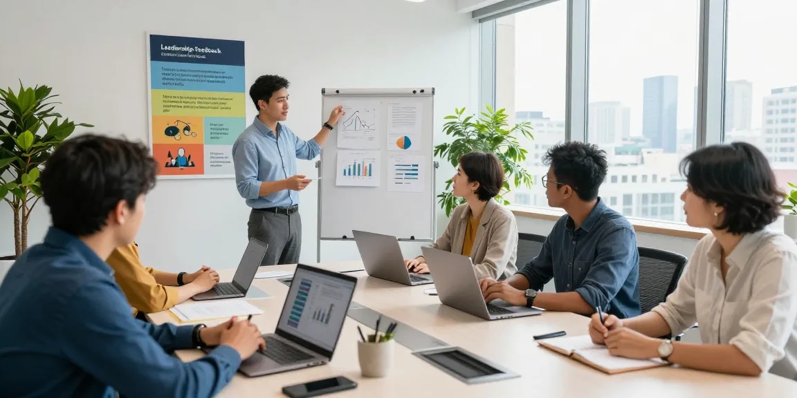Team am Arbeitsplatz, das Führungskräfte bewertet, moderne Büroumgebung mit Präsentationen und Diskussionen.