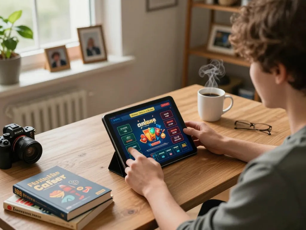 Engaging in online gambling through fabet's interactive app on a tablet in a cozy home environment.