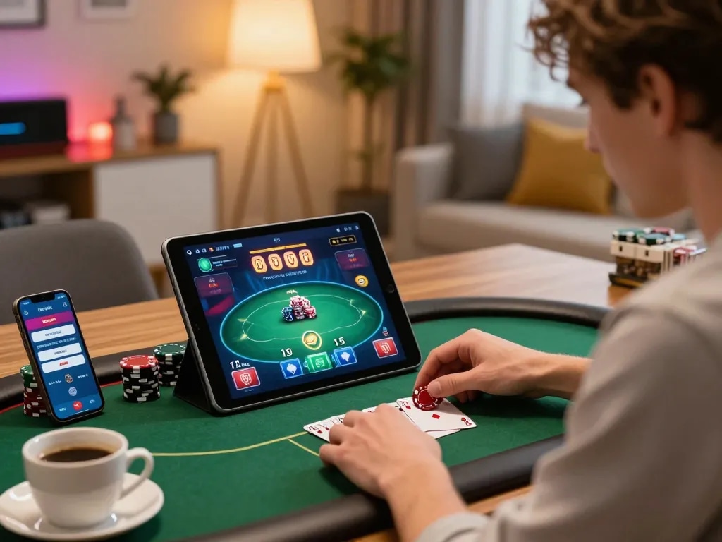 Engaging in high-stakes poker on a tablet with fly88 in a stylish home setting.