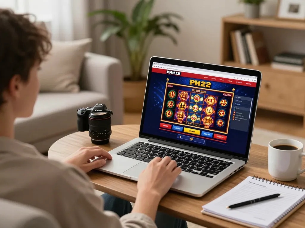 Engaging online gaming at PH22 with vibrant slot interface on laptop screen, warm home atmosphere.
