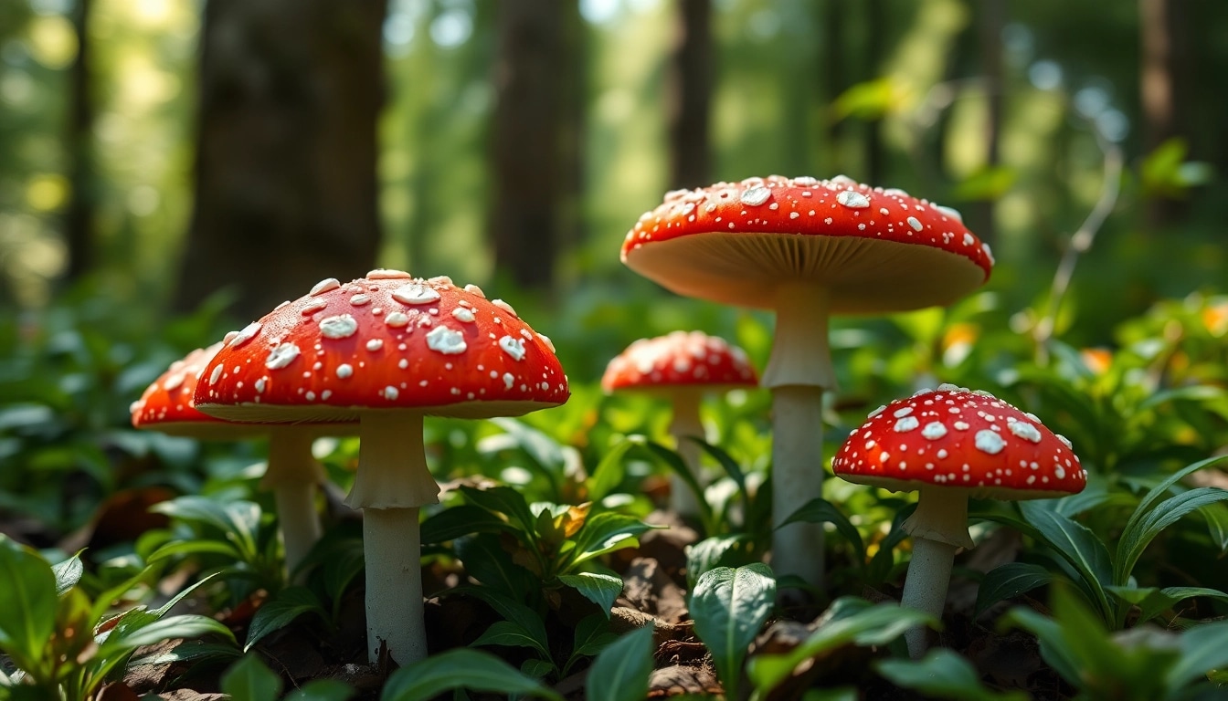 Fliegenpilz bestellen: Ausschnitt eines prächtigen Fliegenpilzes in einem grünen Wald mit hoher Detailgenauigkeit.