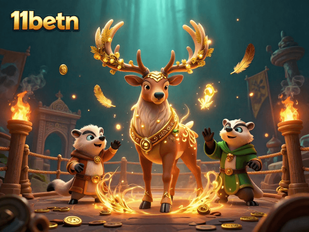 Experience the magic of 11betn with Celtic druid and badger amid golden gaming elements.