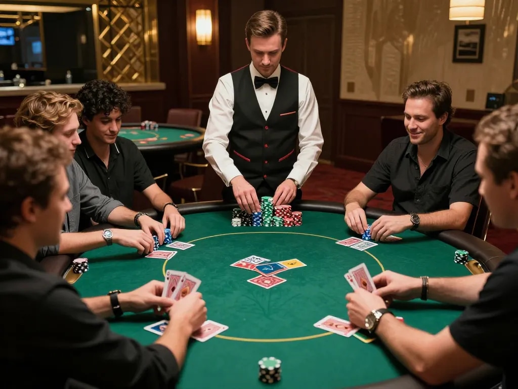 Players enjoying a thrilling poker game at 78winvina casino, showcasing high-stakes betting strategy and vibrant atmosphere.