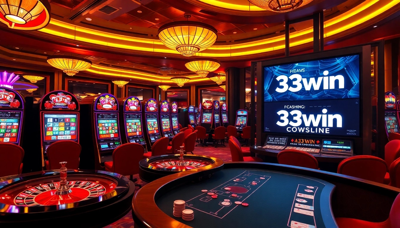 A dynamic casino scene with vibrant slot machines, a roulette wheel, and the 33win logo to evoke excitement and luxury.