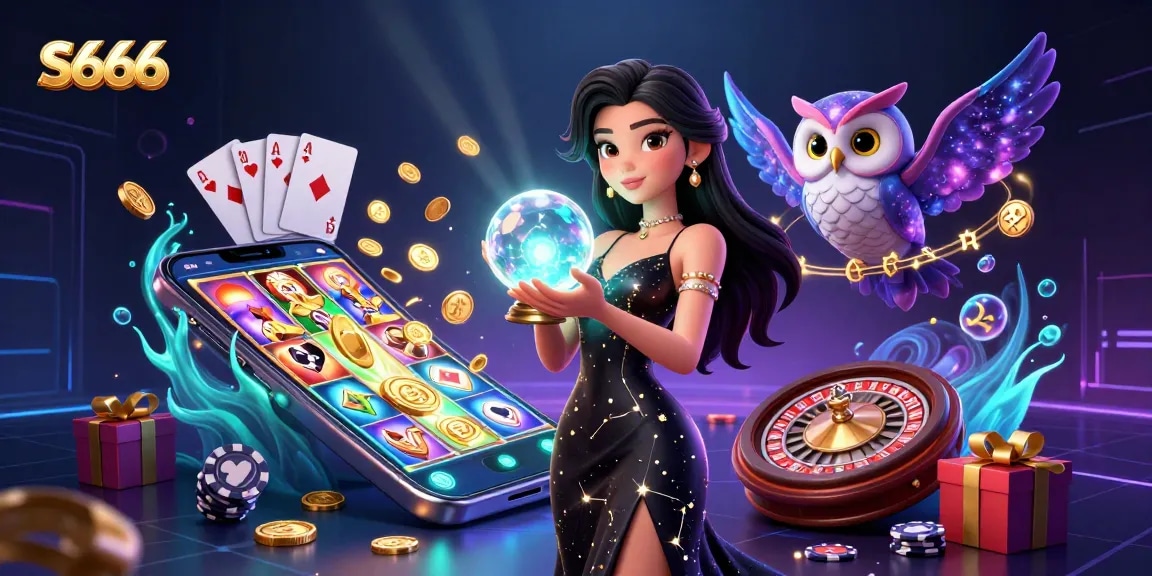 S666 offers thrilling gameplay with a stunning woman and mystical owl amidst vibrant casino elements.