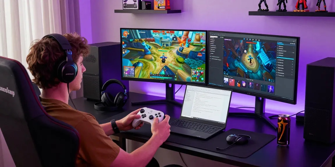 Testing the 8BitDo Ultimate 2 Test with a vibrant gaming setup and controller.