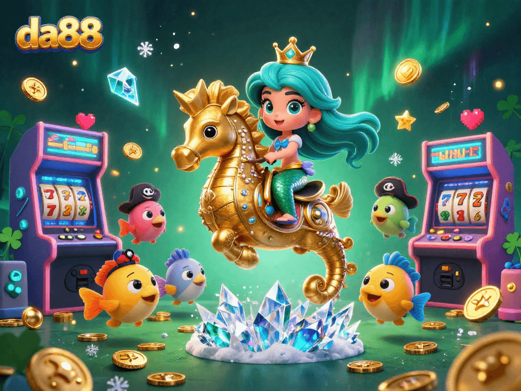 Join the fun at da88 with a vibrant fantasy scene featuring a mermaid princess, a seahorse, and colorful game elements.