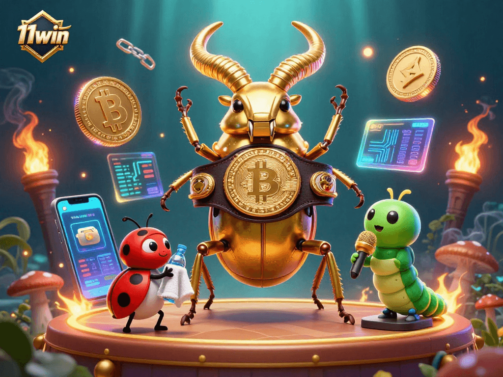 Join the excitement at 11win, a vibrant scene showcasing a golden stag beetle in a boxing ring.