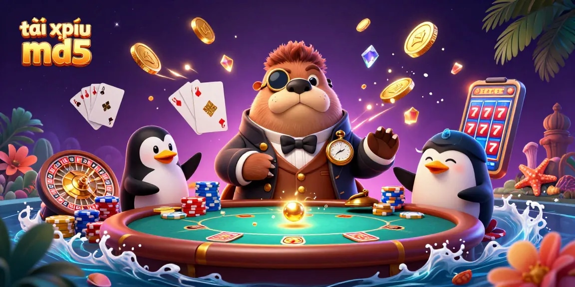 Engaging in gameplay at tài xỉu md5 with a jolly walrus, penguin dealer, and pufferfish bluffing.