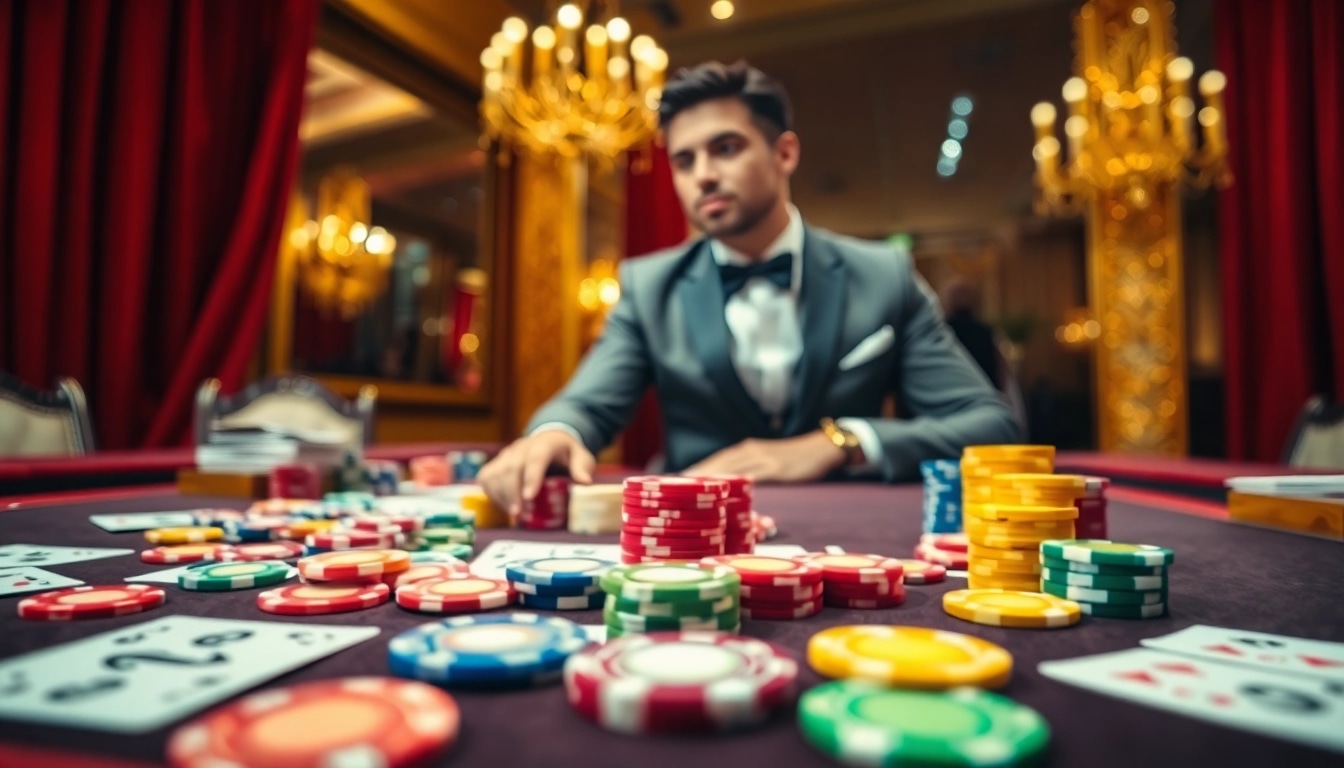 Spannender pflegedienst am Casinotisch mit bunten Chips und Karten.