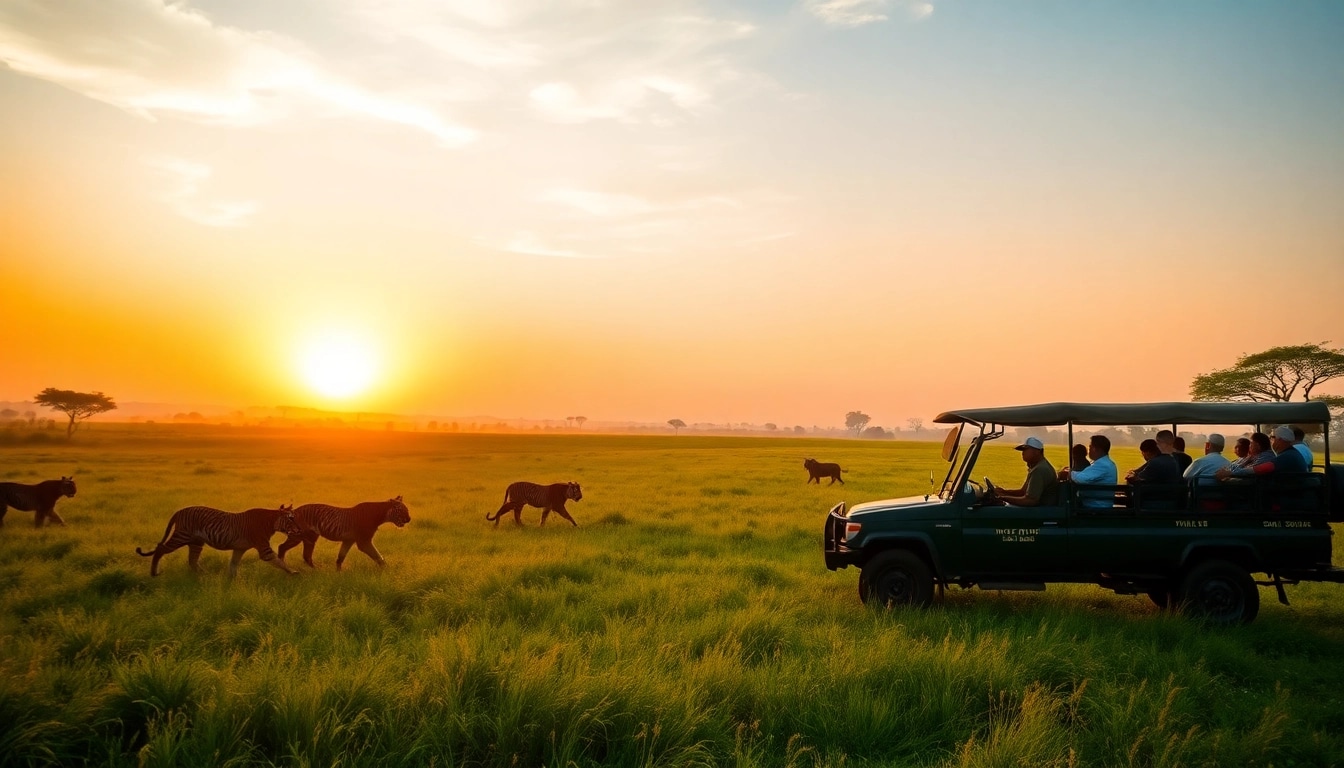 Experience the thrill of wildlife safari tours in India as tourists spot Bengal tigers in a stunning sunset.
