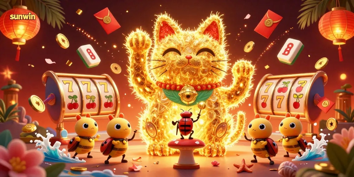Engage in sunwin slots with a captivating lucky cat illustration and vibrant game elements.