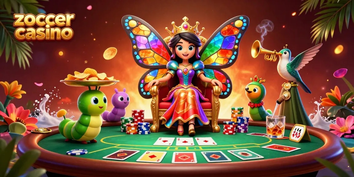 Zoccer casino showcases a colorful 3D digital illustration of a butterfly queen with casino elements.