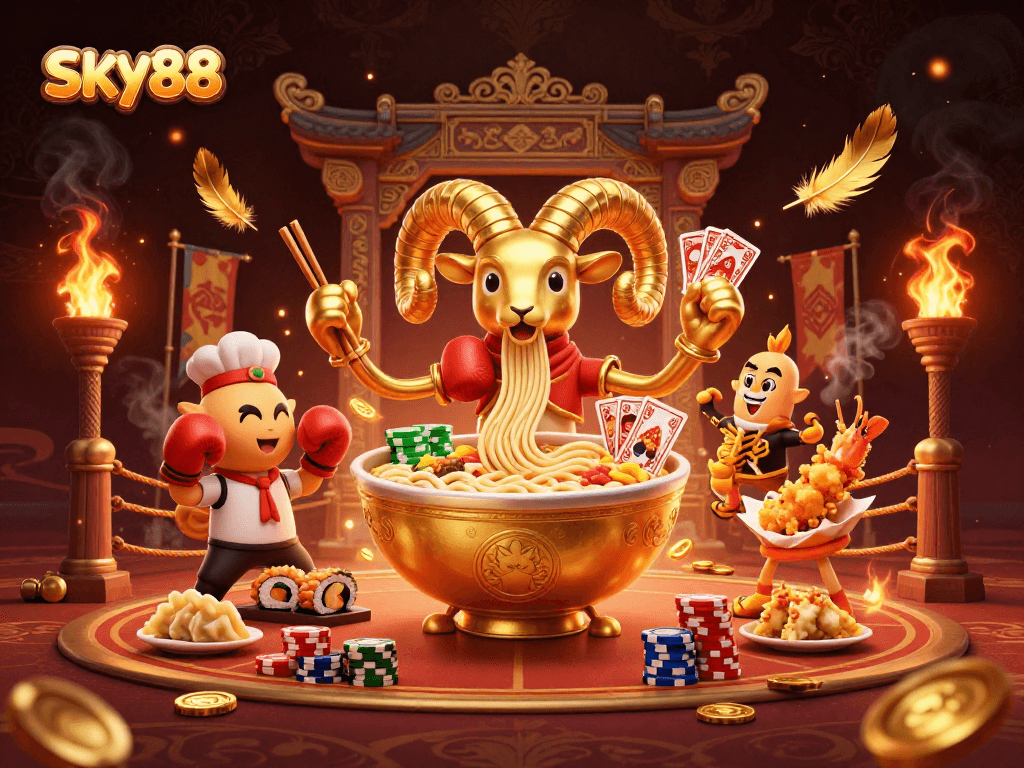 SKY88 showcases a dynamic gambling scene with themed characters and vibrant elements.