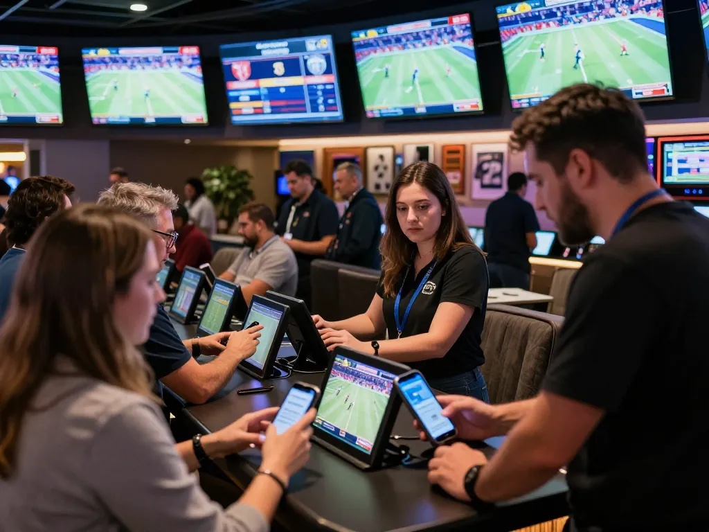 MB66 bettors enjoying live sports wagering in an upscale casino lounge.