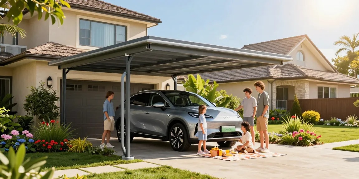 Moderne Carport-Struktur schützt ein Auto in einem sonnigen Garten mit fröhlicher Familie.