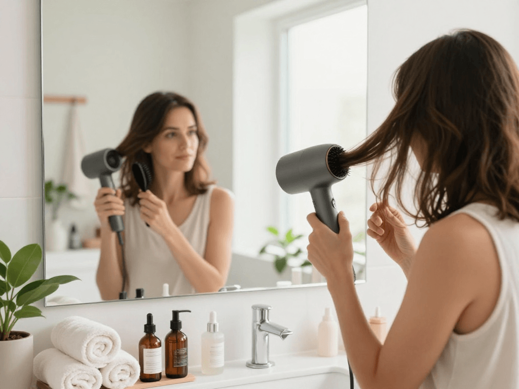 Woman using a mini hair dryer in a modern bathroom, surrounded by beauty products and natural light.