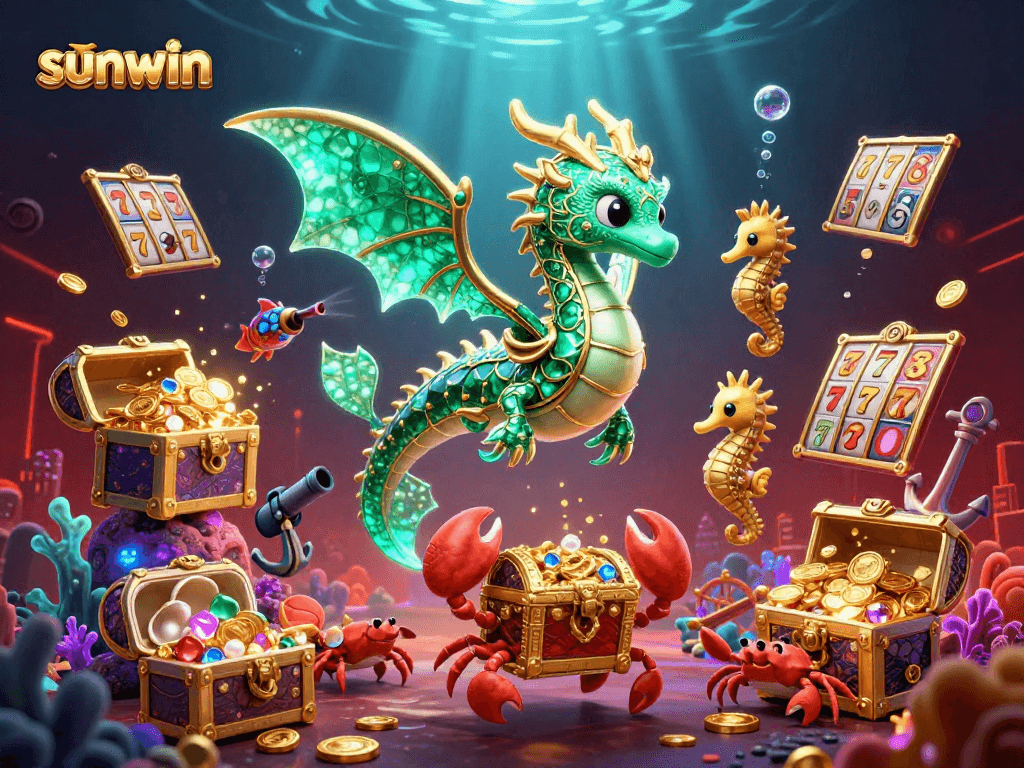 Sunwin slot-themed underwater adventure with a sea dragon, treasure, and vibrant gaming elements.