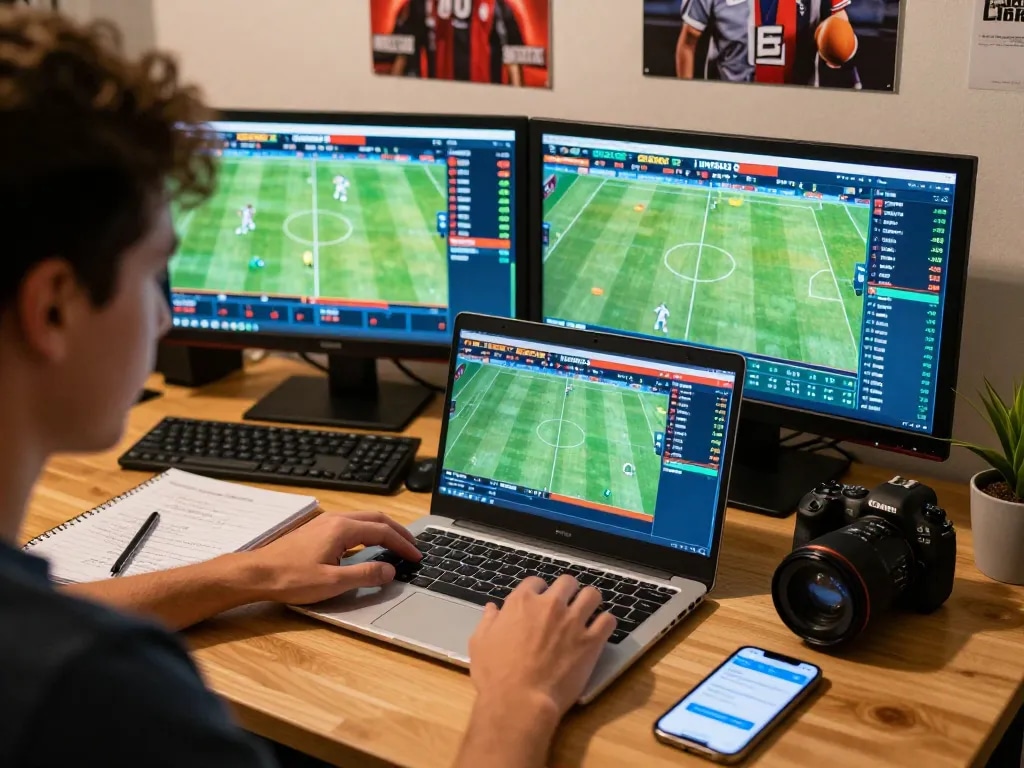 Engaged in soi kèo bóng đá analysis, a person reviews live match statistics on multiple screens at home.