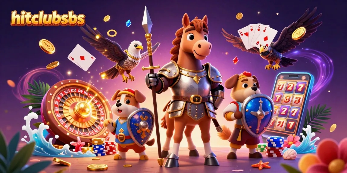 Hitclubsbs showcases an epic gaming scene with knights, coins, and vibrant casino elements.
