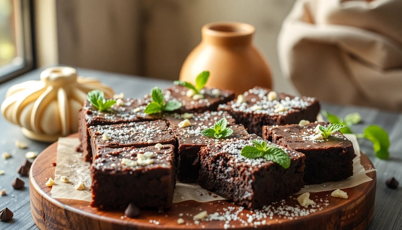 Backofresh gebackene Daga Brownies mit geschmolzener Schokolade und frischer Minze dekoriert.