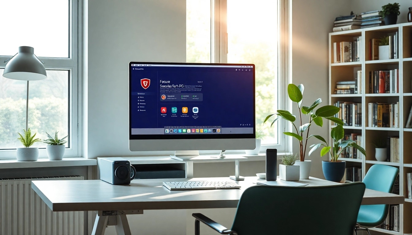 Visualisieren Sie die Benutzeroberfläche von F-Secure Schutz für PC und Mac in einem modernen Home-Office für sicheren digitalen Schutz.