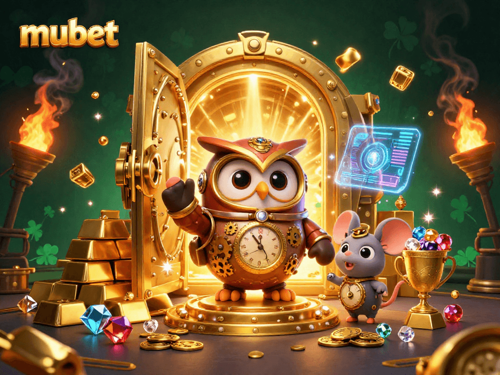 Experience thrilling gaming adventures with mubet, illustrated with a time-traveler owl and gold treasures.