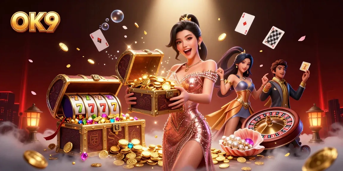 Experience thrilling wins with OK9 at a vibrant casino scene, showcasing treasure and excitement.
