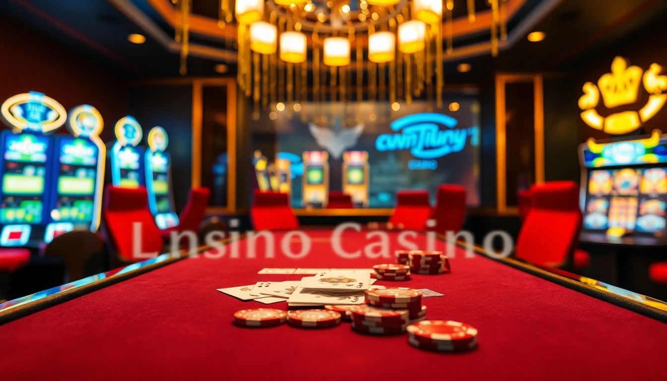 Erleben Sie die Aufregung im online casino schweiz mit einem eleganten Spieltisch und glänzenden Spielautomaten, die ein luxuriöses Spielumfeld schaffen.