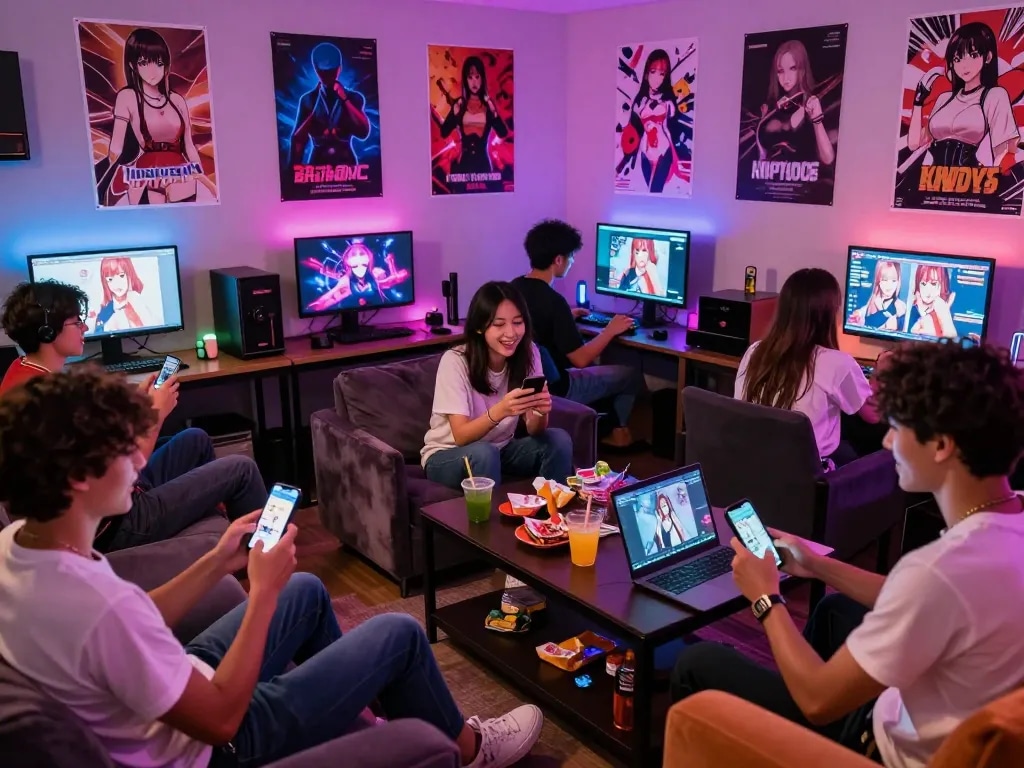 Group enjoying interactive porn ganes on devices in a colorful gaming lounge.