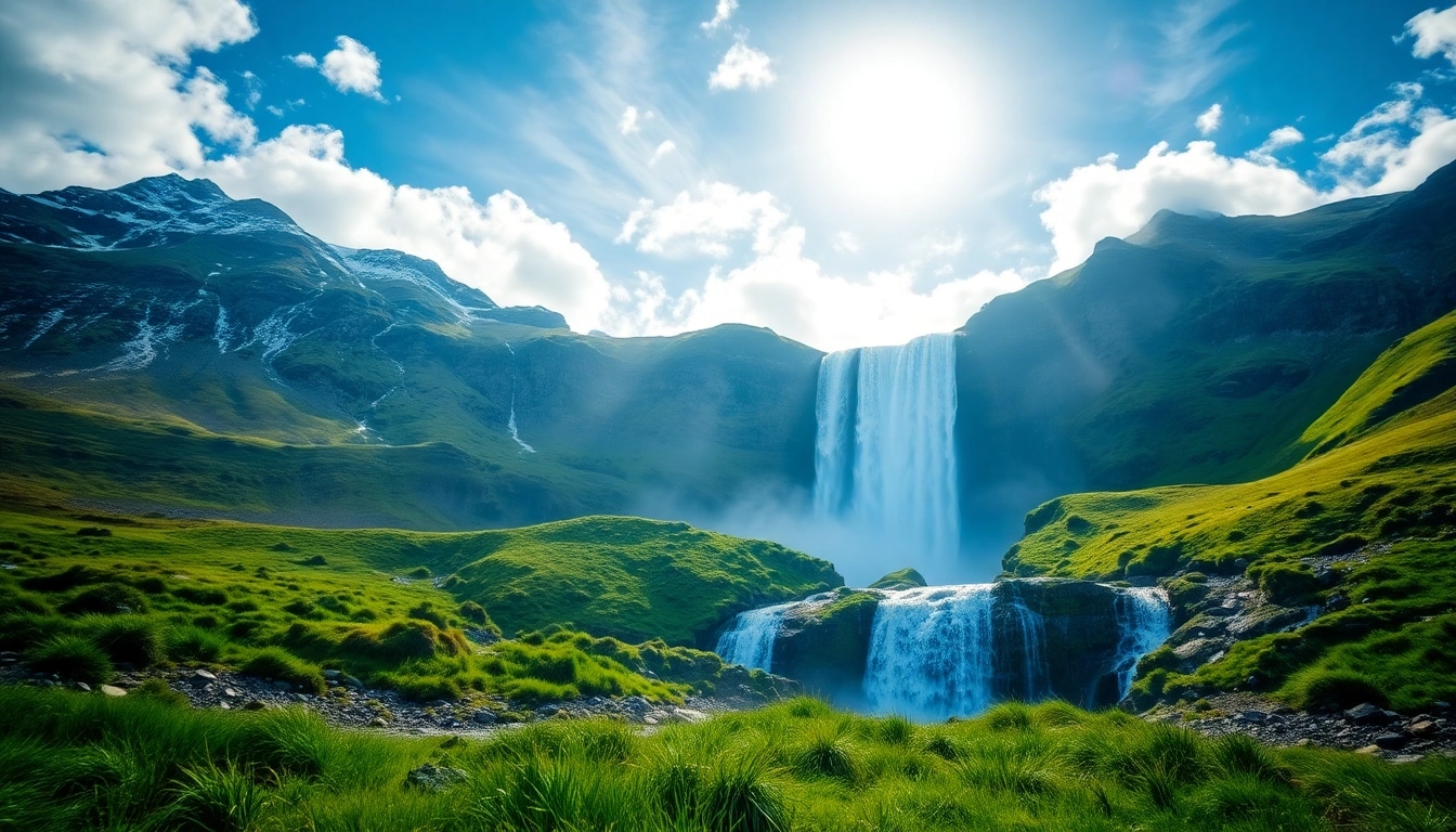 Erleben Sie die atemberaubende Reise nach Island mit einem majestätischen Wasserfall und schneebedeckten Bergen im Hintergrund.