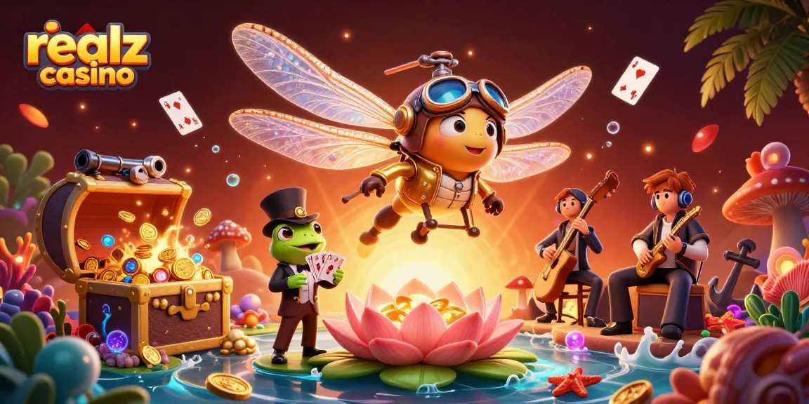 Experience thrilling action at realz casino with a lively 3D illustration depicting vibrant gaming elements.