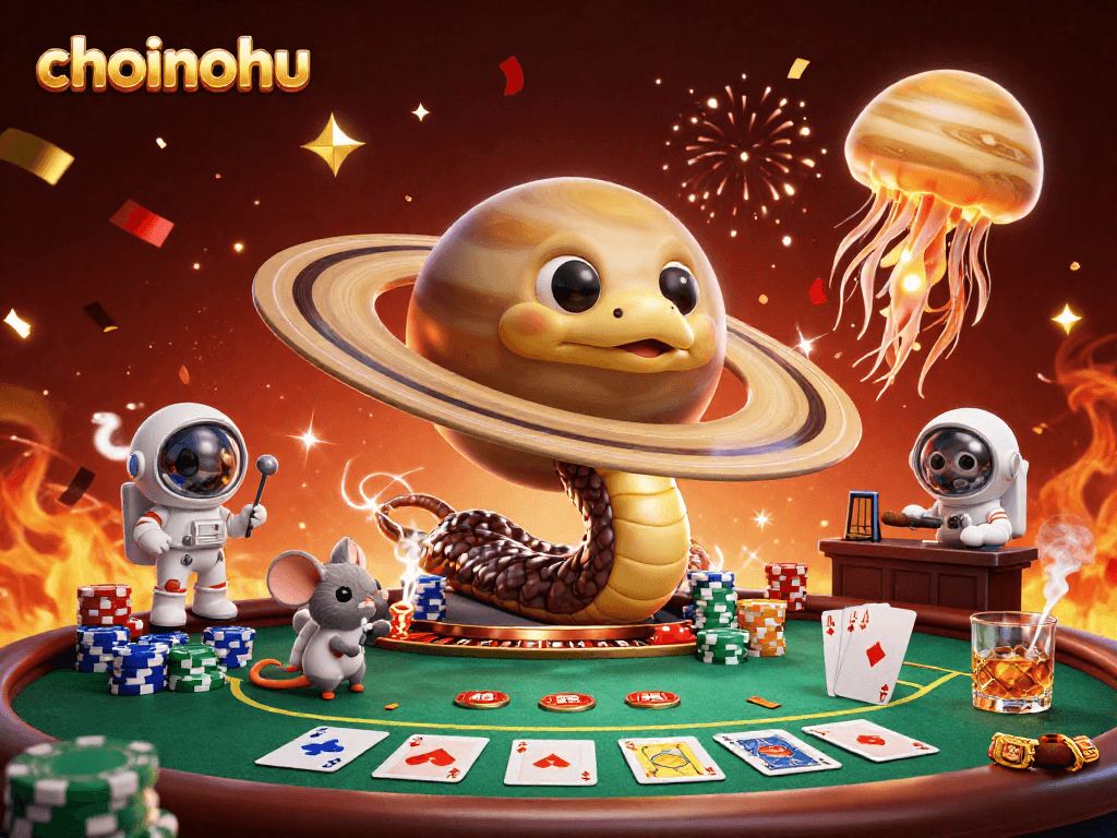 Experience vibrant gaming with choinohu's cosmic casino scene featuring characters and rich elements.