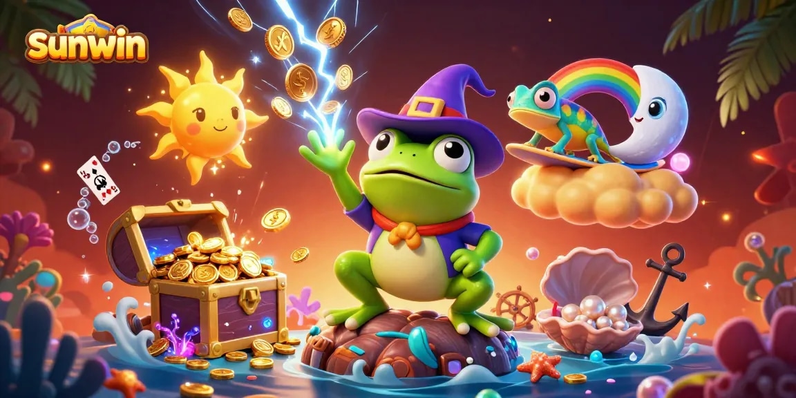 Engage in thrilling gameplay with sunwin as a wizard frog conjures gold coins amidst casino chaos.