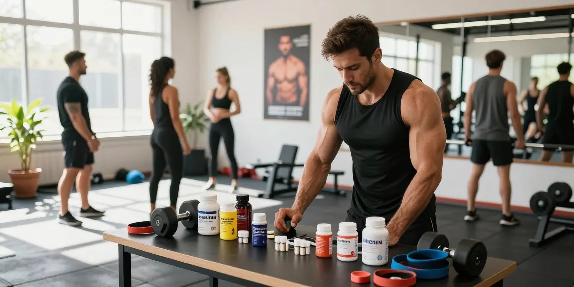 Anabolika Shop showcasing anabolic steroids and supplements in a vibrant fitness studio for muscle growth.