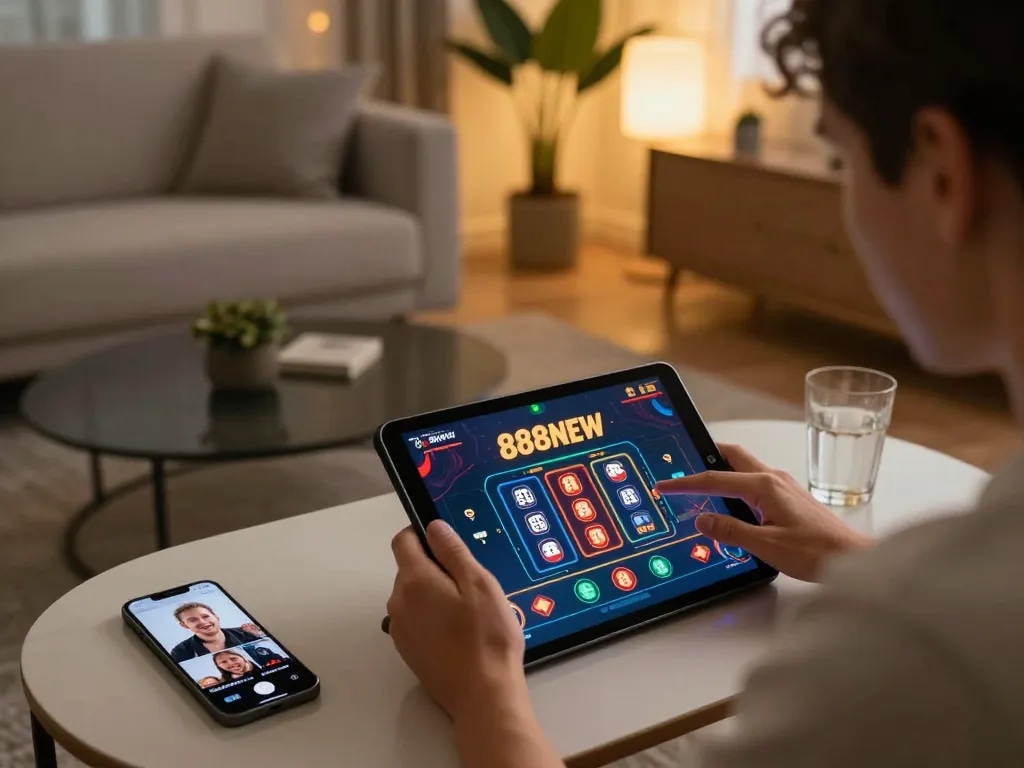 Engaging with the 888NEW online casino on a tablet in a cozy living room setting, showcasing strategic gameplay.
