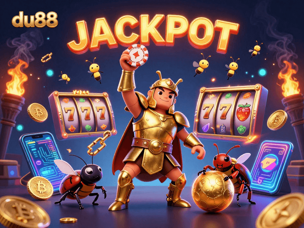 Engage in du88 with a vibrant 3D scene featuring a victorious beetle and jackpot elements.