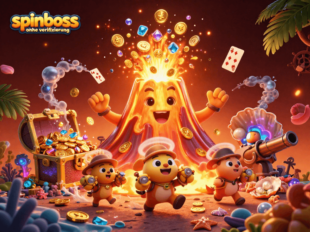 Erleben Sie aufregendes Glücksspiel mit spinboss ohne Verifizierung in einer lebhaften 3D-Szene voller Schätze und Casino-Elemente.