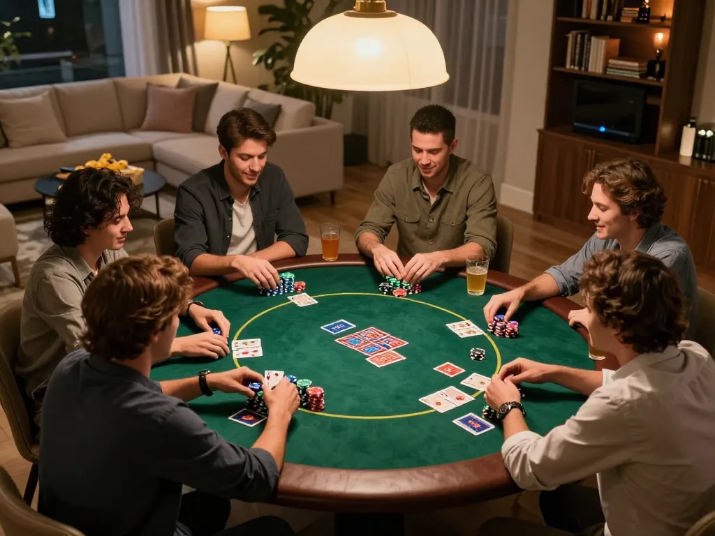 Friends enjoying a poker night at home with TV88, playing Texas Hold'em around a lively table with colorful chips.