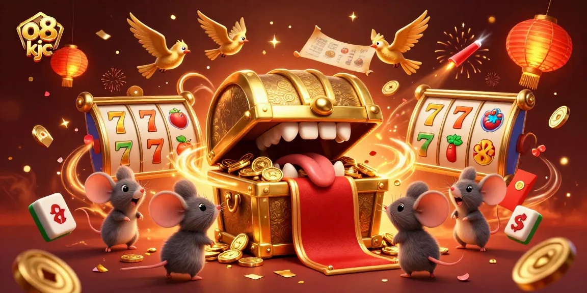 Engage in thrilling gaming experiences at o8 kjc with vibrant slot reels, gold coins, and festive confetti.
