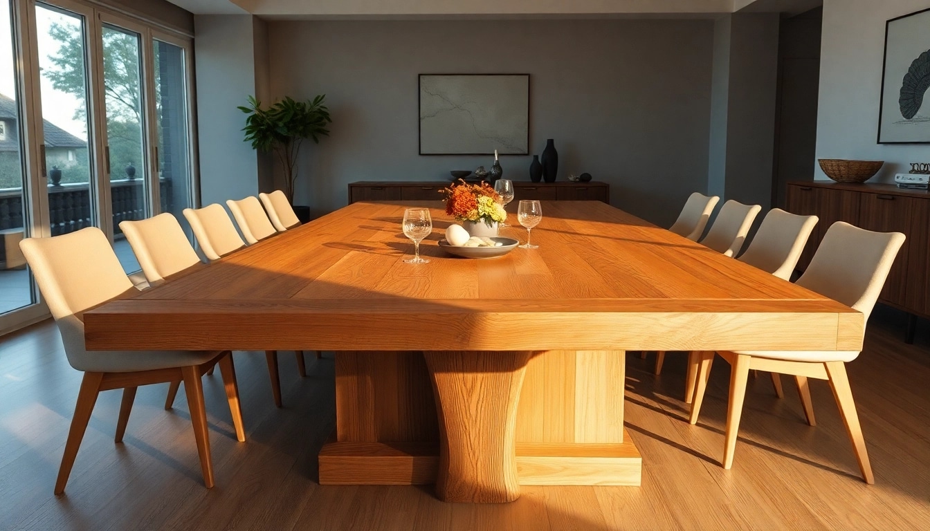 Massiver Eiche Esstisch mit Baumkante in einem modern eingerichteten Esszimmer, beleuchtet für eine einladende Atmosphäre.