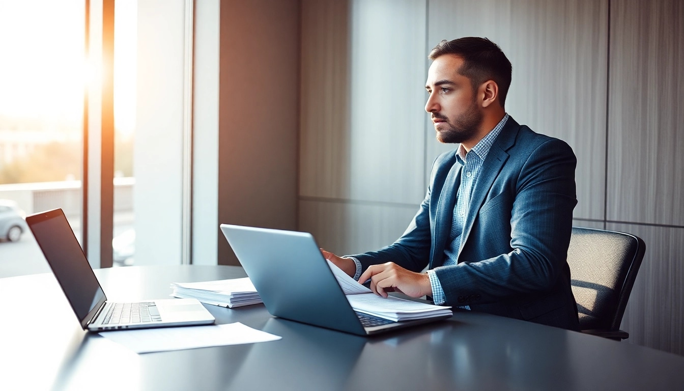 Headhunter führt ein Gespräch in einem modernen Büro mit Dokumenten und Laptop auf dem Tisch.