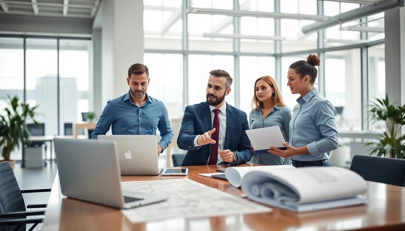Headhunter Ingenieure im Gespräch mit Ingenieuren in modernem Büro.